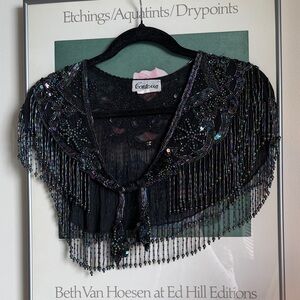 Vintage Contessa Black Beaded Shawl with Fringe